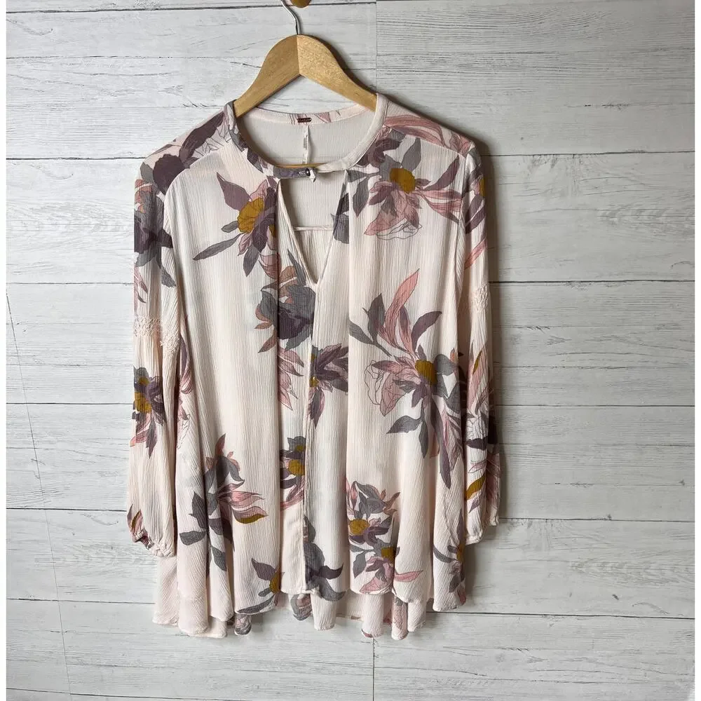 Free People Dress Womens Size XS Pink Floral Tree Swing Tunic Puff Sleeves